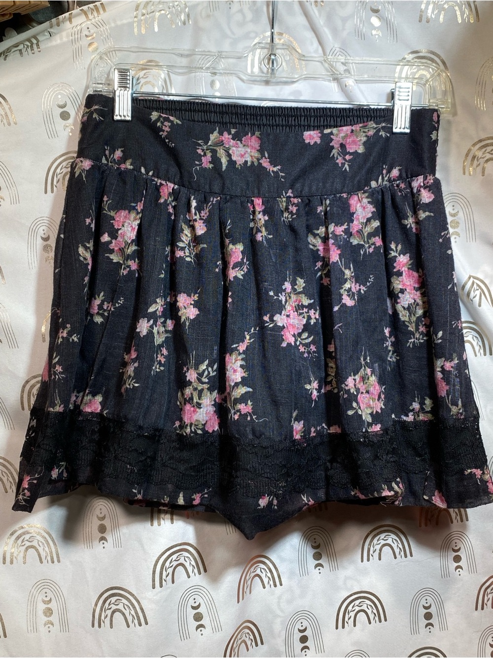 Charlotte Russe Black Floral Mini Skirt with Pink Accents